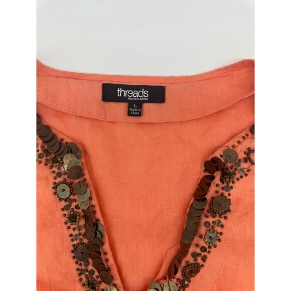 Threads Tunic for Women with Sequins Sz L Deep V Neck Long Sleeves Orange - Picture 5 of 7